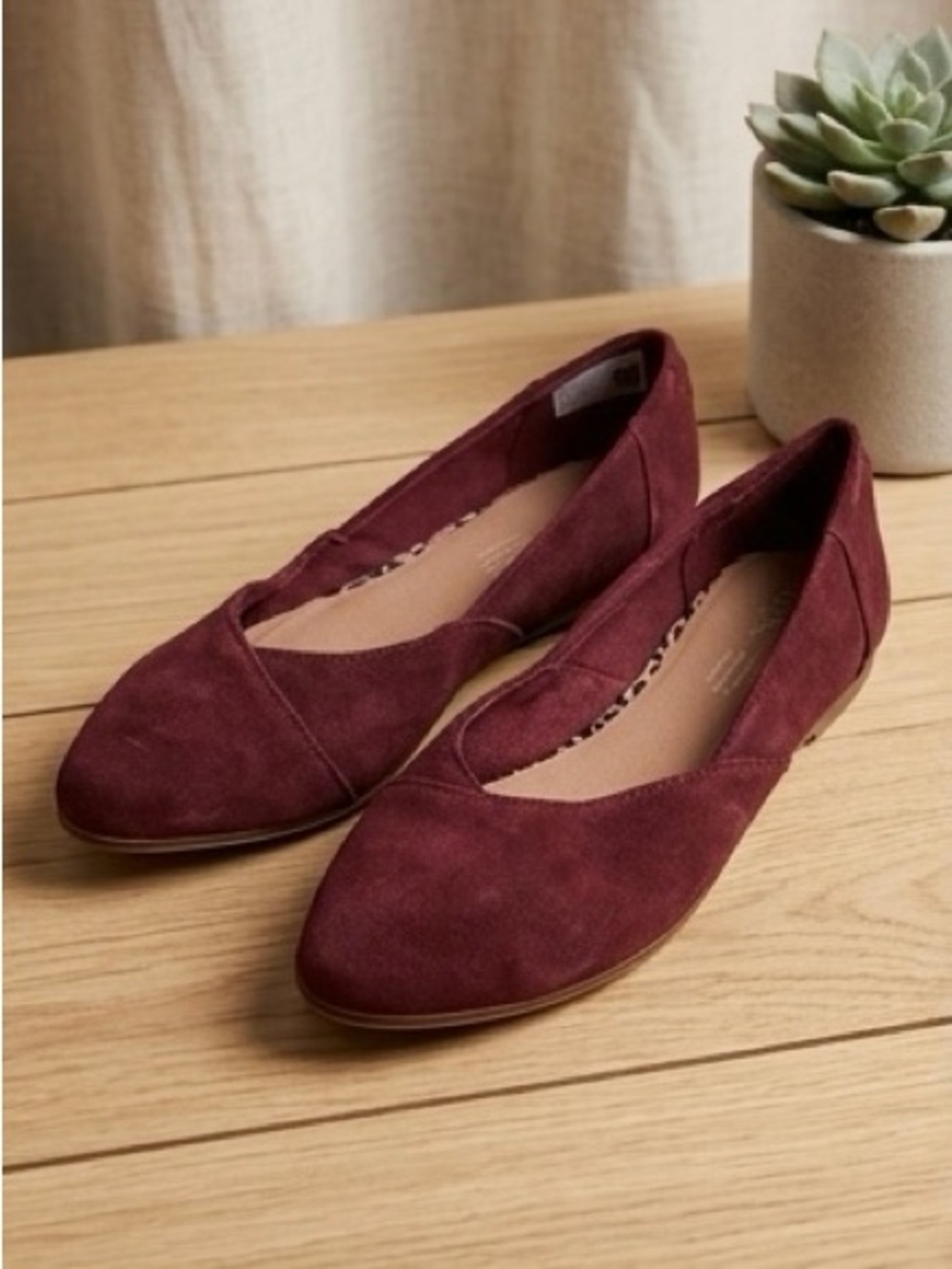 Suede Pointed Toe Ballet Flats in Burgundy
